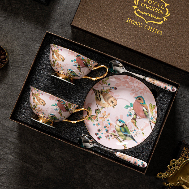 Pink Magpie Bird with Tree Floral Coffee Tea Cup and Saucer Set - 3 Pieces