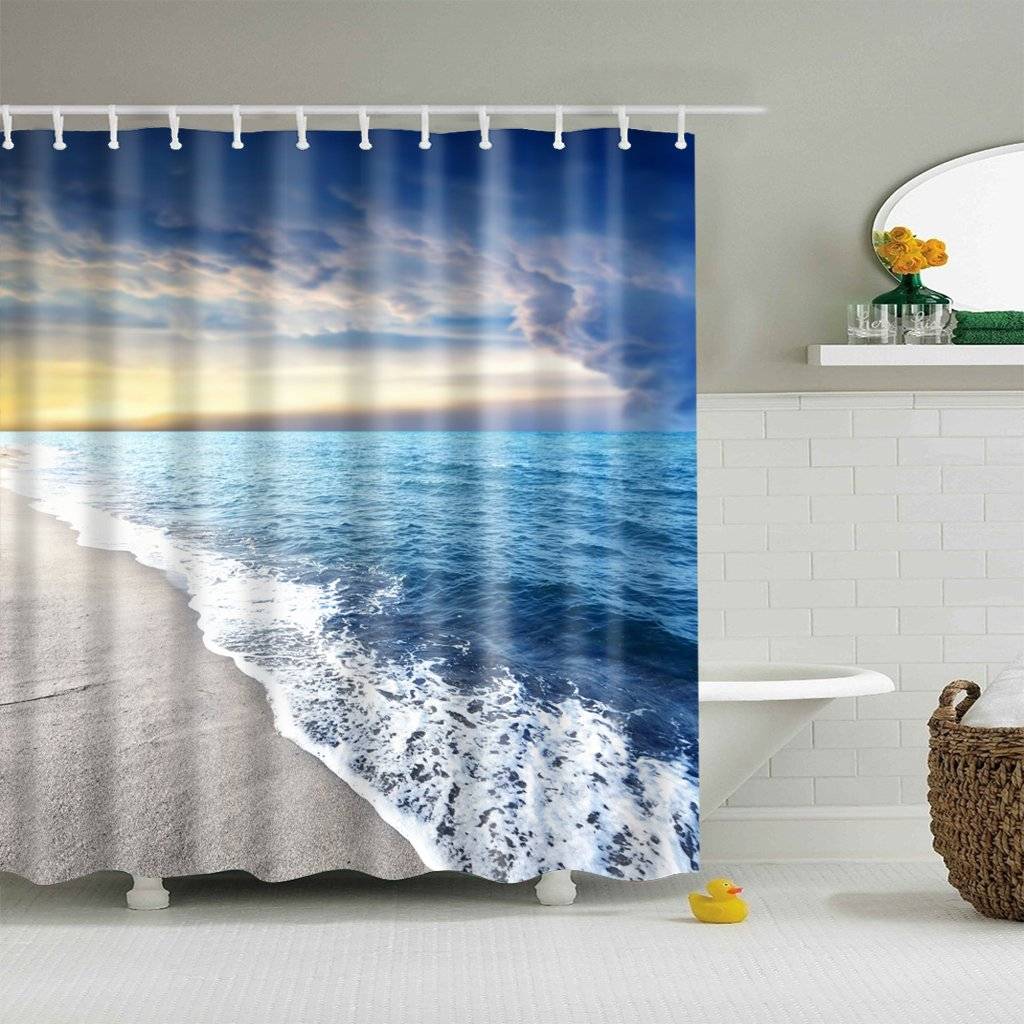 Deep Blue Sky with Beach Waves Sand Seashore Shower Curtain