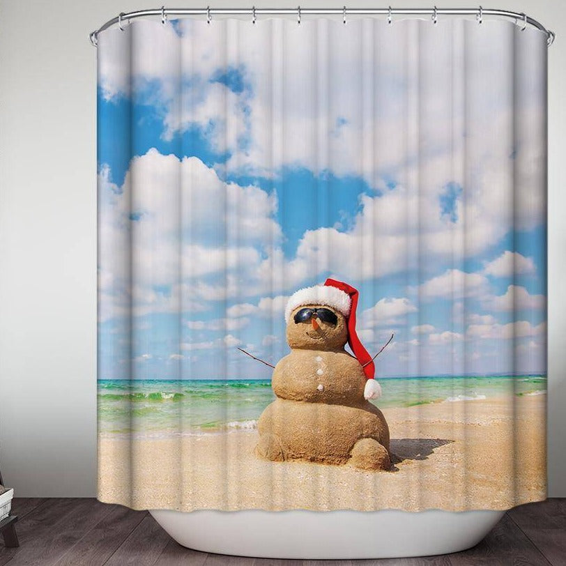 Summer Christmas Coastal Sand Holiday Beach Snowman Shower Curtain