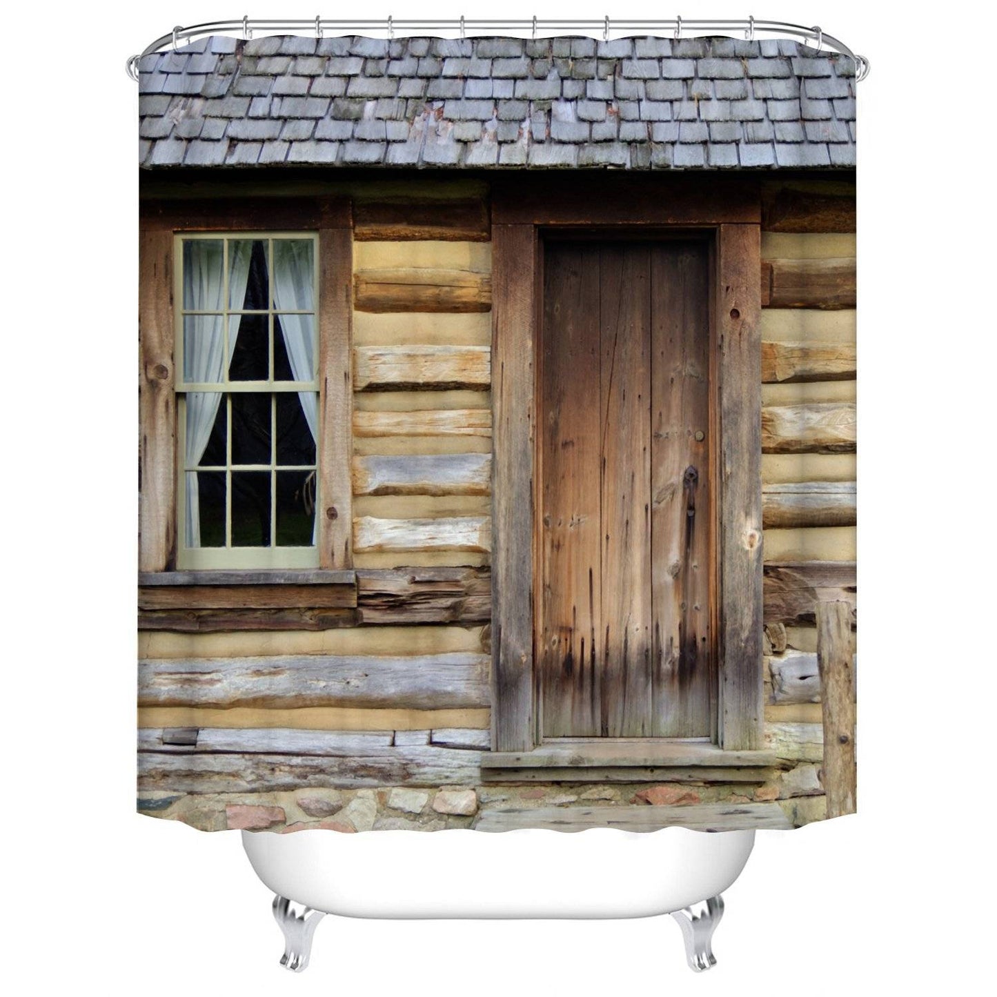 Western Country Wooden Grain Front Door and Porch Farmhouse Log Cabin Shower Curtain