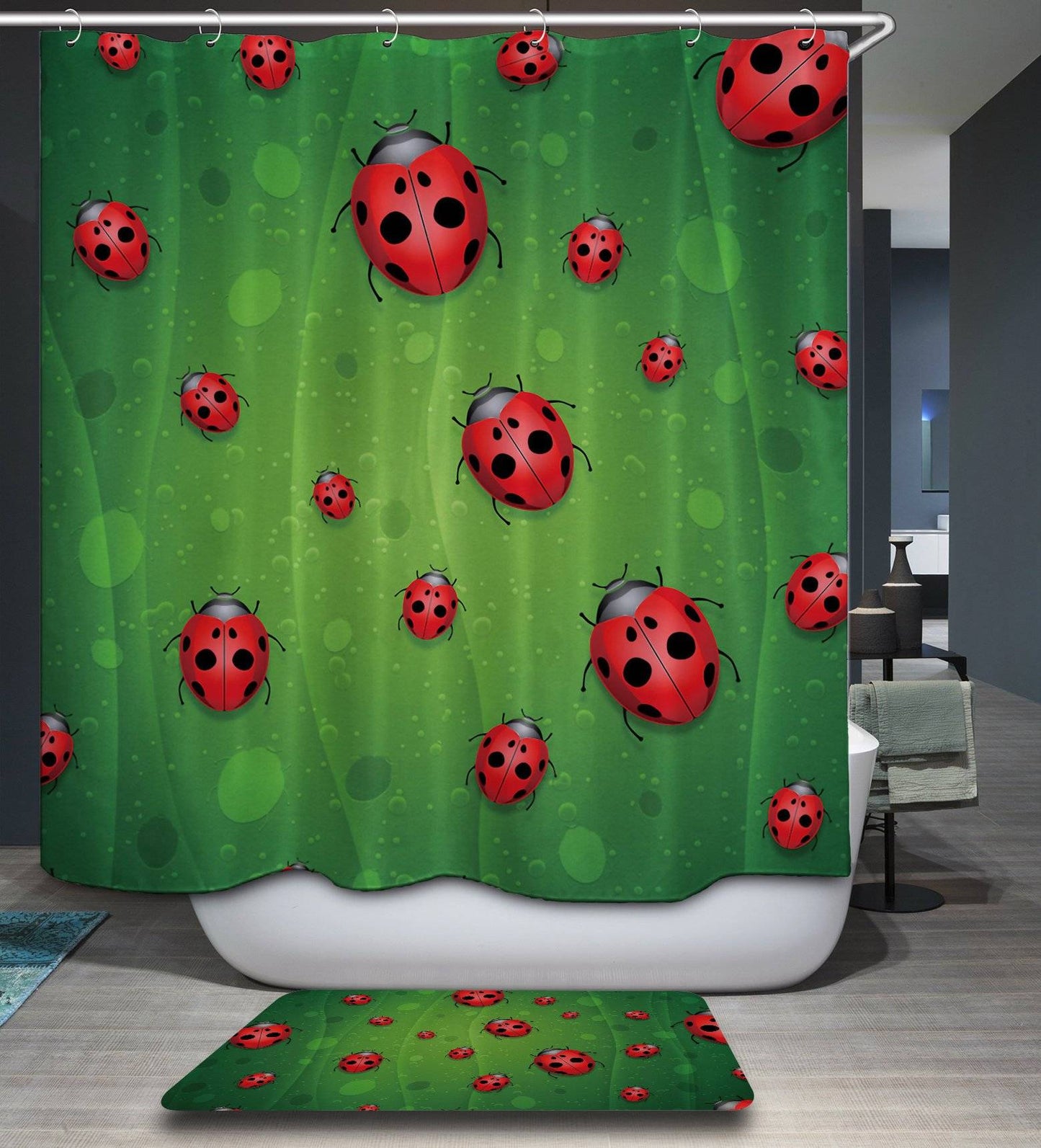 Green Leaf Vein Backdrop Seamless Insect Ladybug Shower Curtain