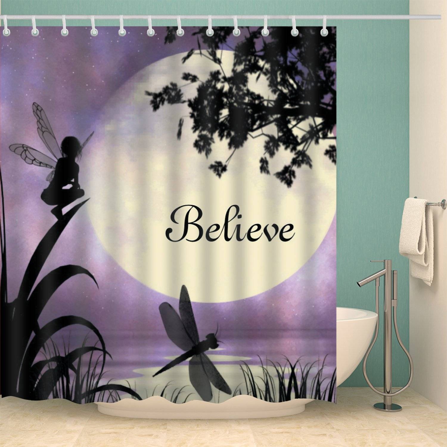 Purple Moonlight Believe Fantasy Forest Fairy Dragonfly Shower Curtain