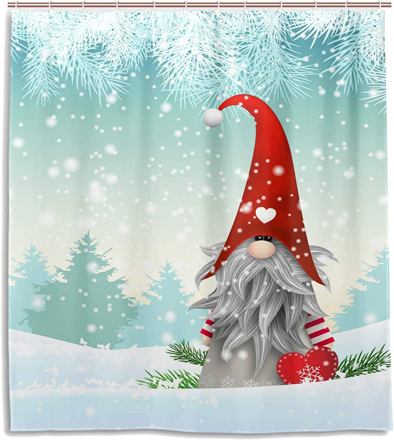 Red Elf Winter Snowy Forest Christmas Gnome Shower Curtain