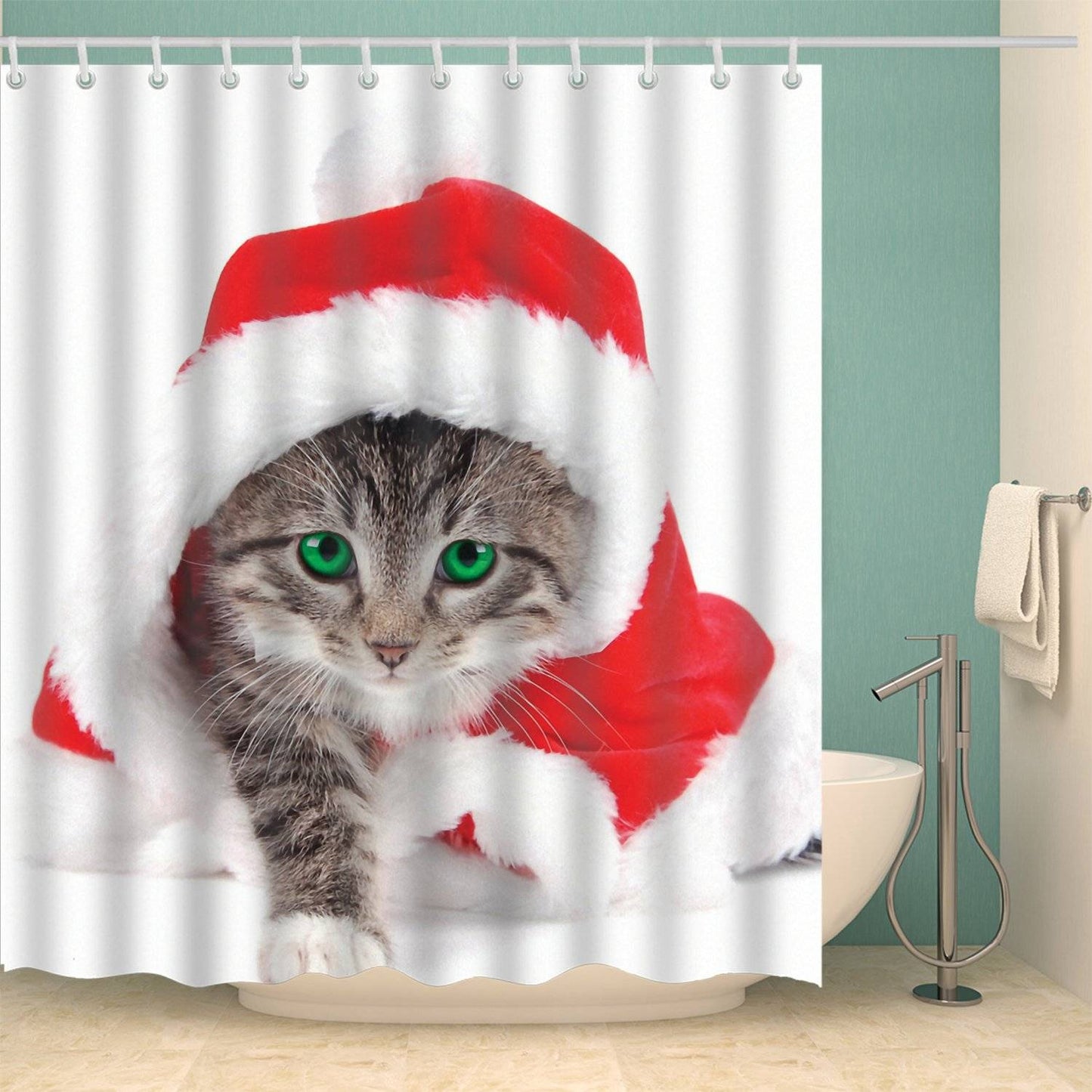 Kitten Wearing Santa Hat Holiday Cat Christmas Shower Curtain