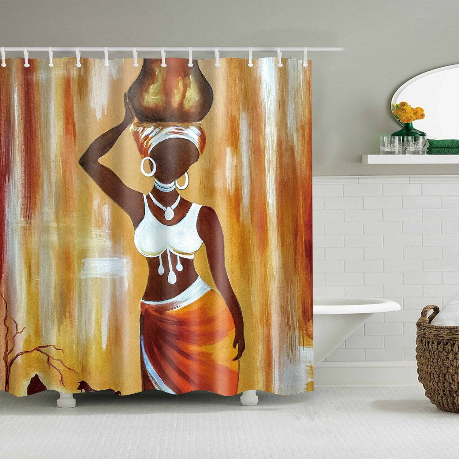 Fascinating Mural Woman Carrying Clay Pot African Shower Curtain