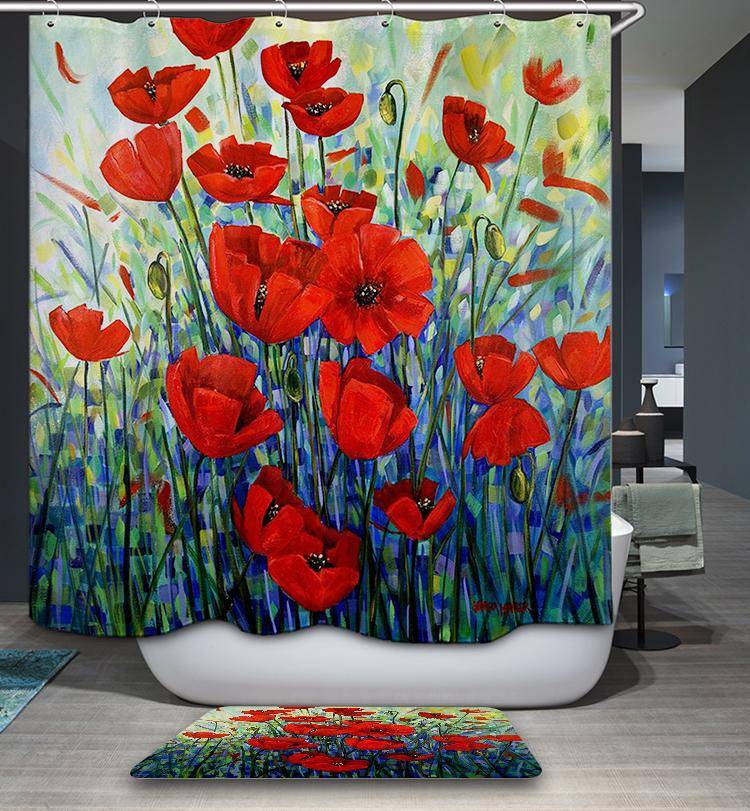 Red Floral Watercolor Poppies Field Shower Curtain