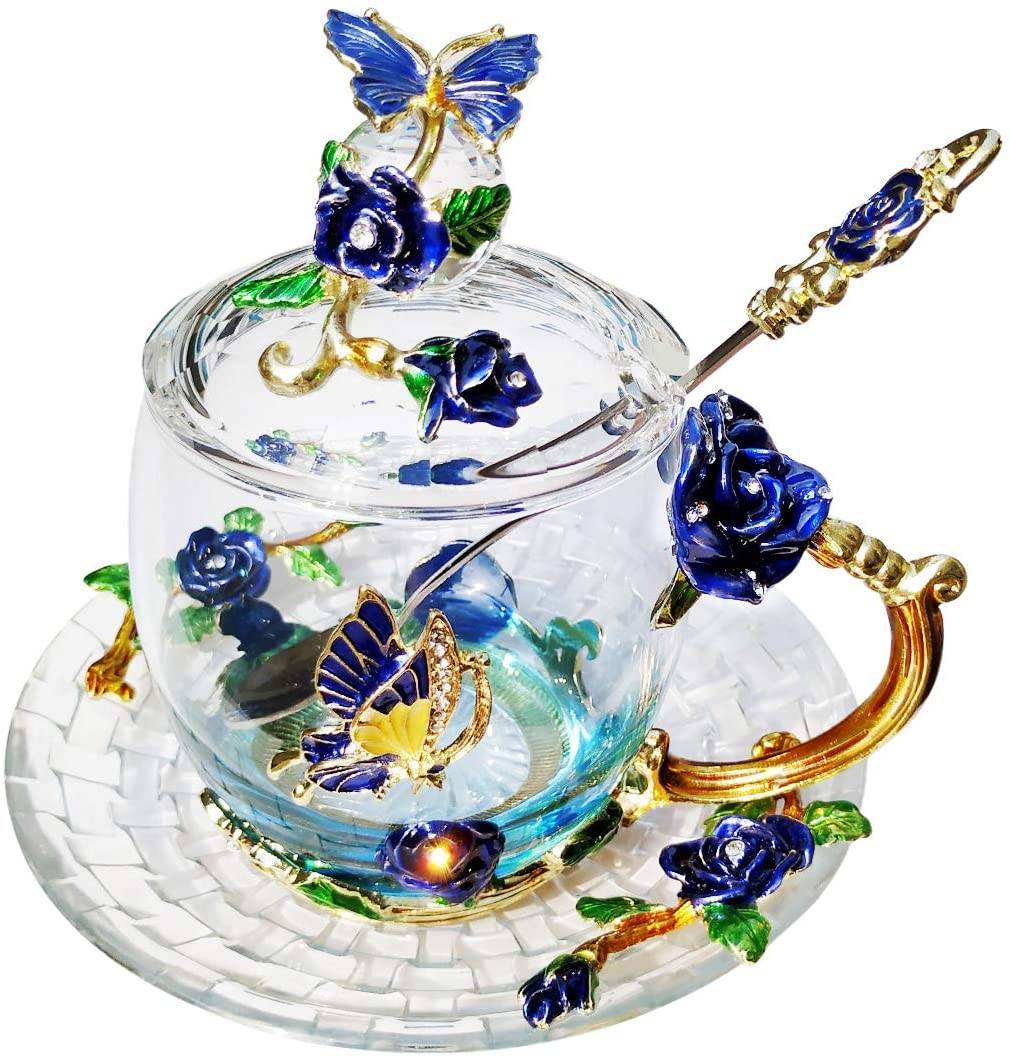 Girly Enamel Butterfly Tea Cup with Lids Plate Saucer Set Glass Coffee Mug