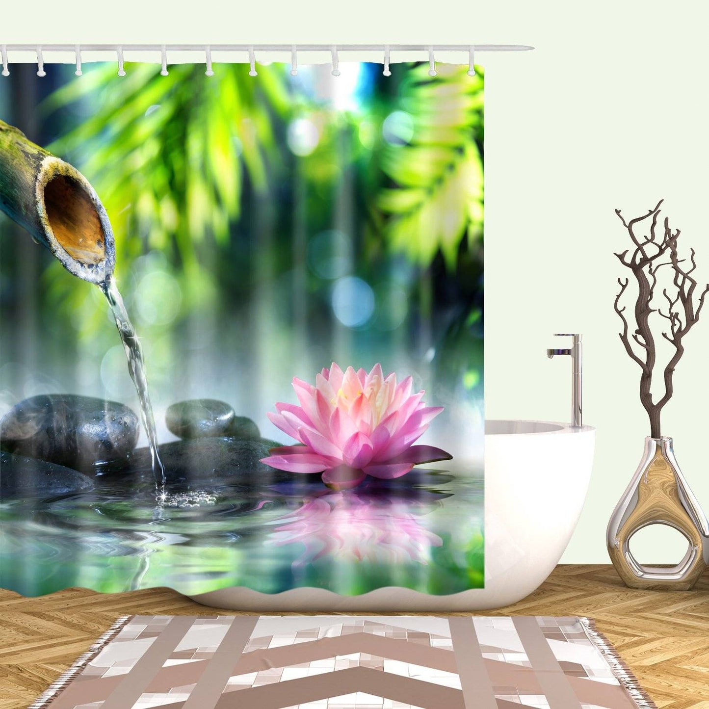Bamboo Water Lilies with Stone Zen Shower Curtain