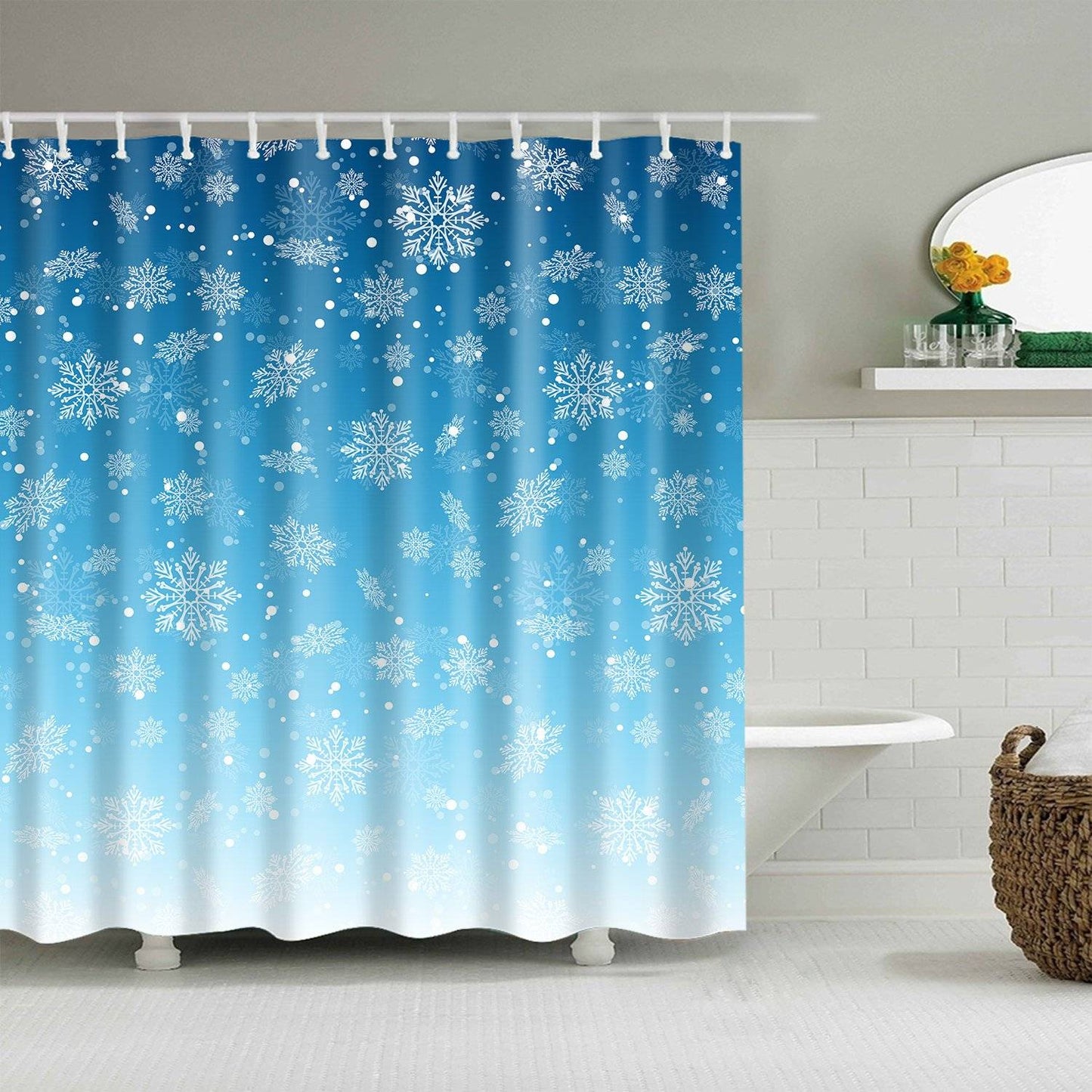 Falling Seamless Christmas Holiday Light Blue Snowflake Shower Curtain