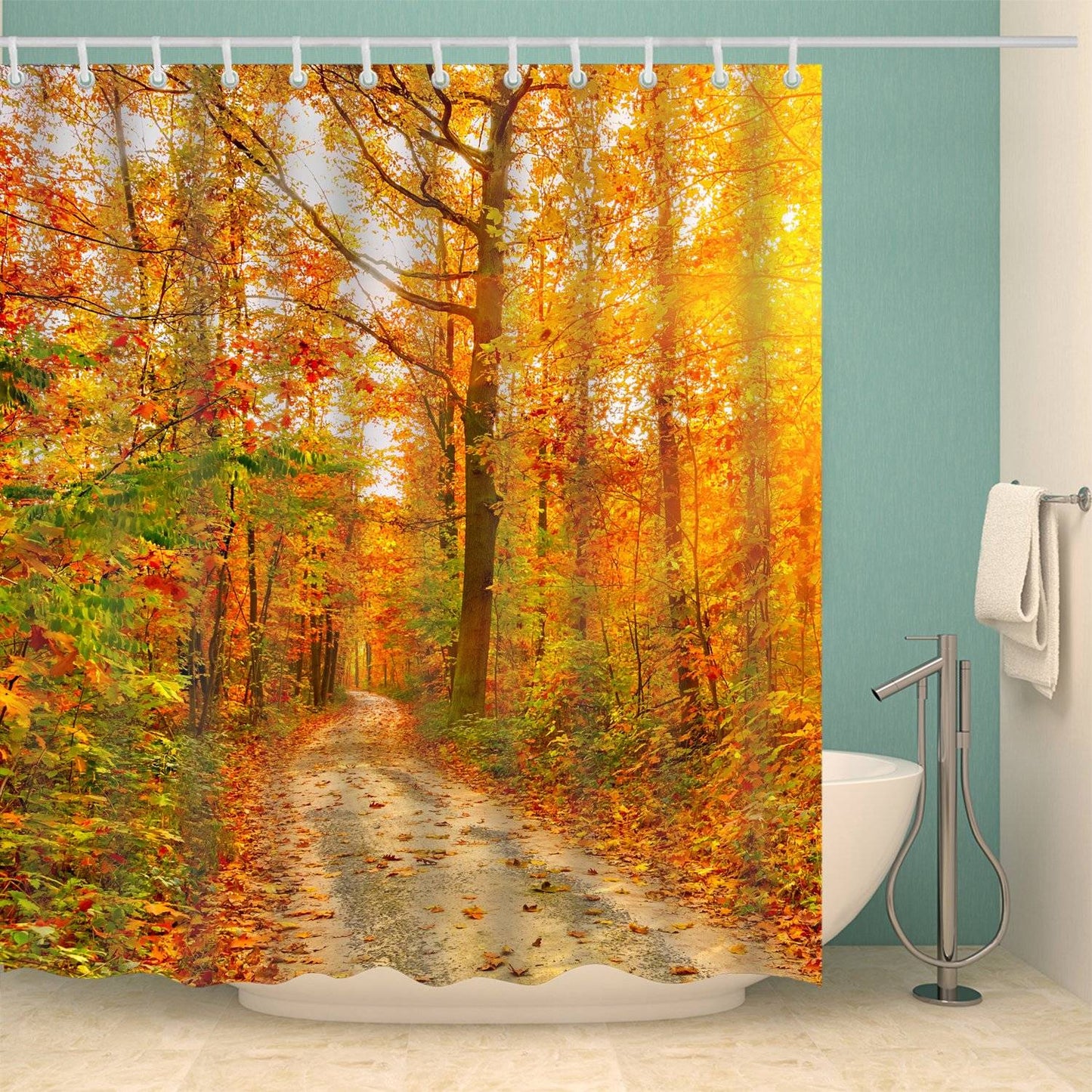 Fall Golden Deciduous Path Autumn Leaves Shower Curtain