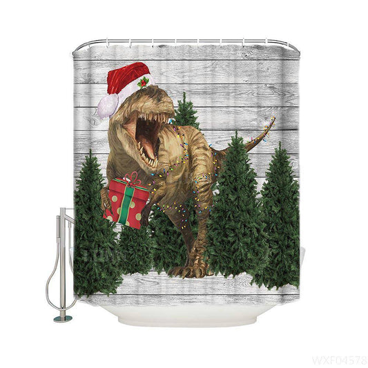 Green Tree Barn Door Wearing Santa Hat Sending Gift Funny Dino Christmas Dinosaur Shower Curtain