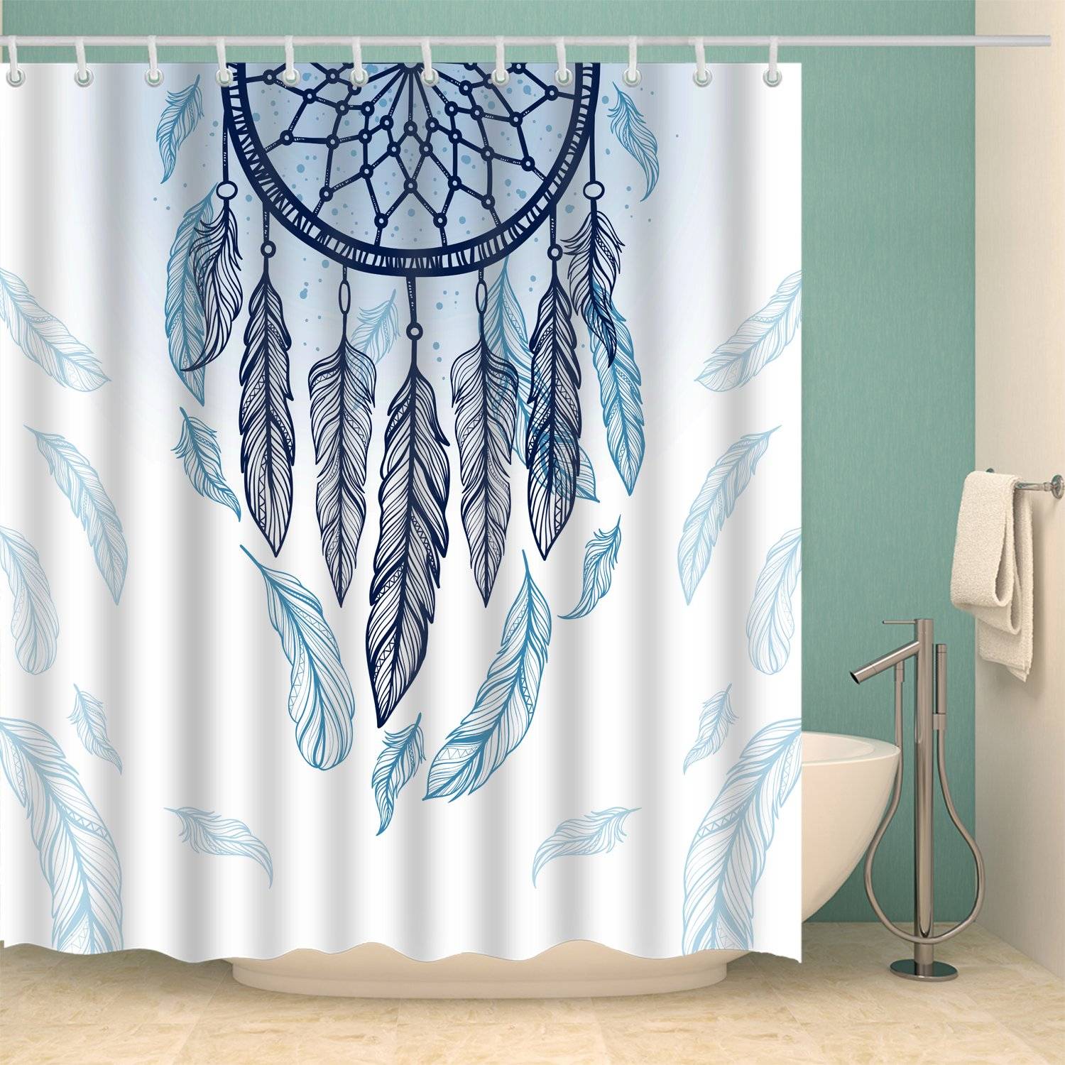 Ethnic Tribal Feathers Blue Dream Catcher Shower Curtain