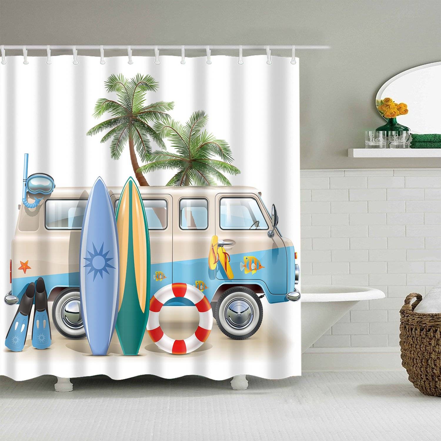 Diving Snorkeling Surfing Gear with Bus Surf Summer Vacation Shower Curtain
