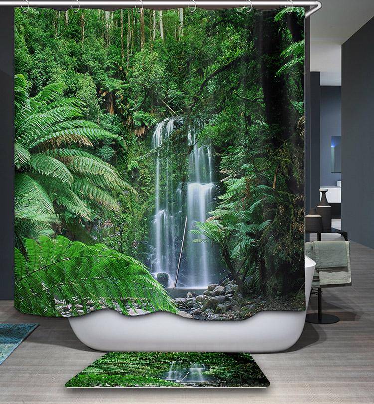 Green Palm Leaves Waterfall Rainforest Shower Curtain