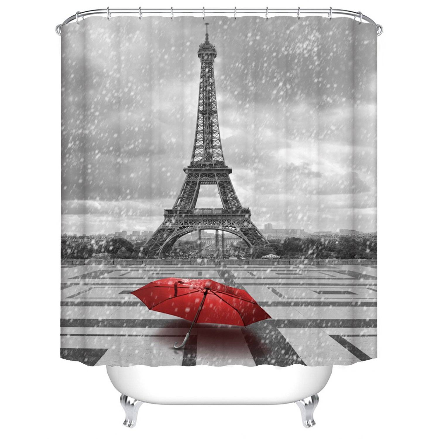 Off White Paris Cityscape Romantic Eiffel Tower Red Umbrella Shower Curtain