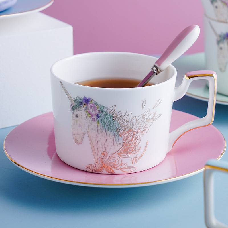 3 Pieces Girly Fantasy Unicorn Flower Coffee Tea Cup And Saucer Set with Spoon