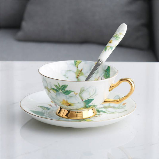 White Camellia Flower Sping Green Leaf Coffee Tea Cup And Saucer Set with Spoon