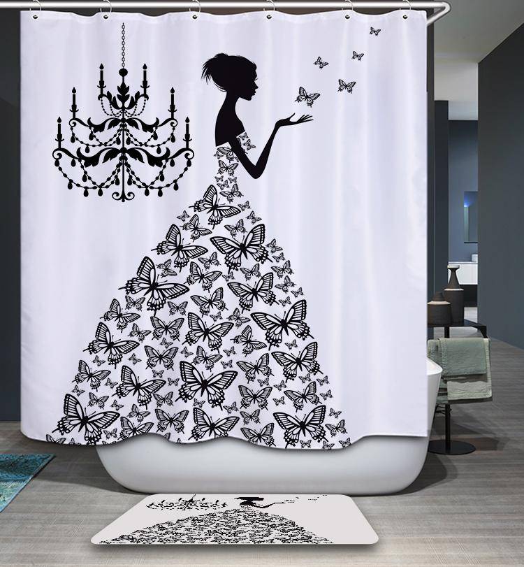 Fairy Butterfly Dress Black White Girly Silhouette Shower Curtain