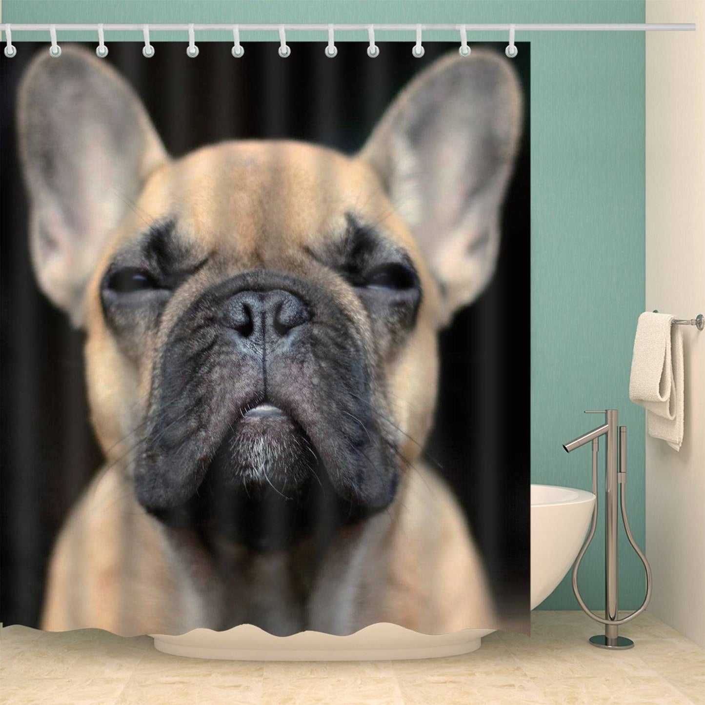 Cute Miniature Dog Staring at You Pet Bulldog Shower Curtain