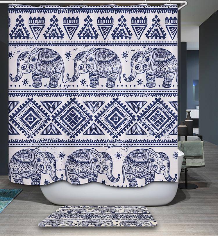 Blue Hipster Turkish Tribal Ethnic Elephant Shower Curtain