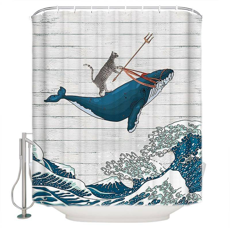 White Barn Door Great Waves Kitten Cat Riding Whale Shower Curtain