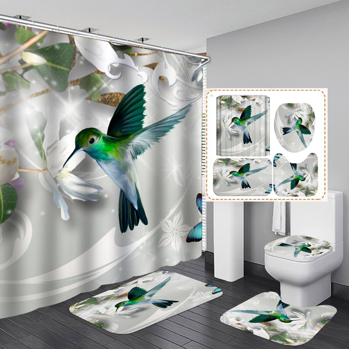 Green Bird Feeding on White Floral Hummingbird Shower Curtain