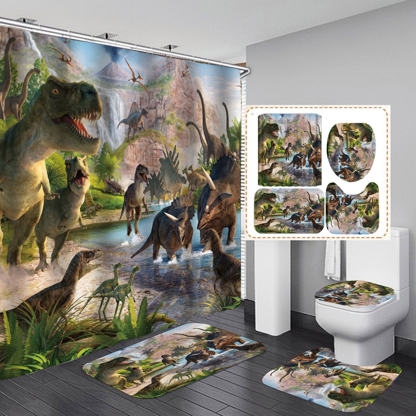 Dinosaur Valley Cartoon Kids Dino Jurassic World Shower Curtain