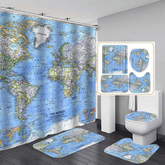 Klarer, blauer, detaillierter Städtenamen-Duschvorhang mit Weltkarte
