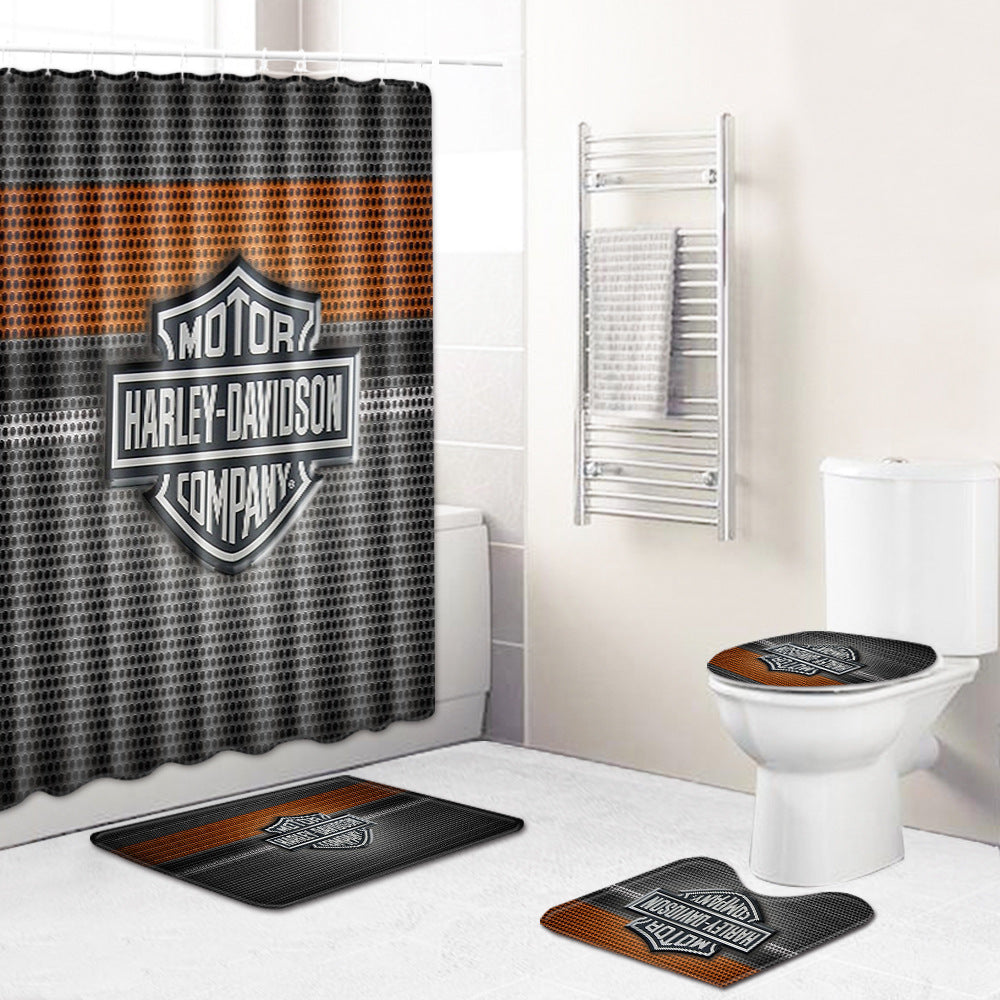 Black Orange Stripe Motor Shower Curtain Set - 4 Pcs